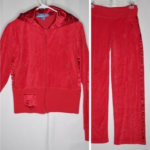 Apollo Active USA Y2K Velour Track Suit M/L Red Satin Stripe Hood Zip Pocket Red